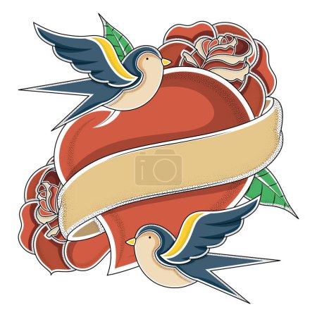 Ilustración de Golondrinas y corazón tatuaje icono - Imagen libre de derechos