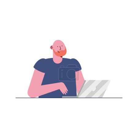 Téléchargez les illustrations : Homme chauve en utilisant un personnage d'ordinateur portable - en licence libre de droit