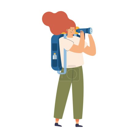 Illustration for Female traveler with binoculars character - Royalty Free Image