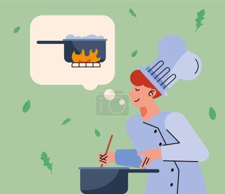 Téléchargez les illustrations : Jeune homme cuisine avec le caractère de pot - en licence libre de droit