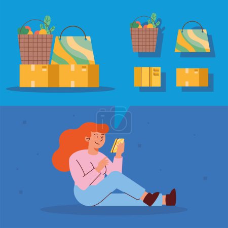 Illustration for Woman with cellphone ecommerce icons - Royalty Free Image