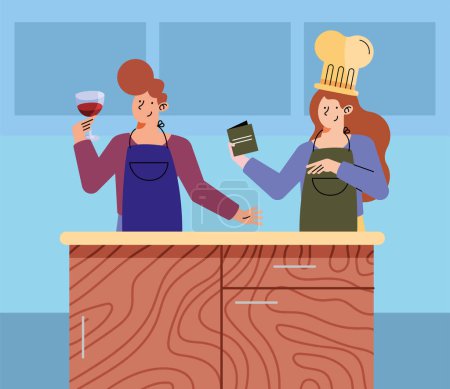 Téléchargez les illustrations : Jeune couple cuisine dans la cuisine - en licence libre de droit