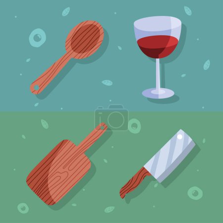 Téléchargez les illustrations : Vin et ustensiles de cuisine icônes - en licence libre de droit