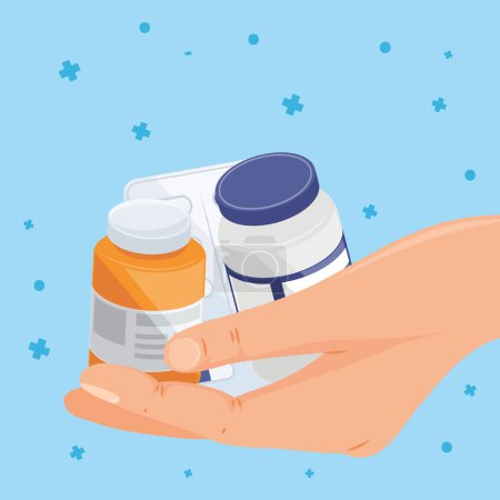 Illustration for Hand with medicines drugs icons - Royalty Free Image
