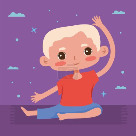 Téléchargez les illustrations : Garçon blond pratiquant le caractère de yoga - en licence libre de droit