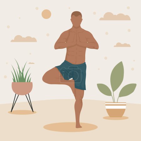 Téléchargez les illustrations : Afro homme formation yoga caractère - en licence libre de droit