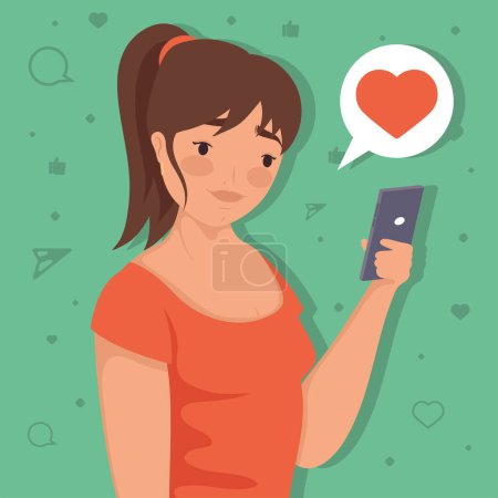 Illustration for Woman with smartphone social media icons - Royalty Free Image