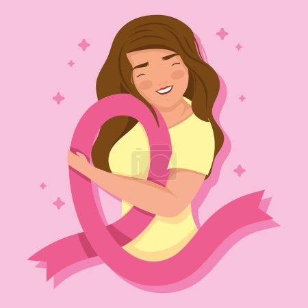 Téléchargez les illustrations : Affiche de la campagne femme avec un ruban de cancer du sein - en licence libre de droit
