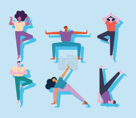 Téléchargez les illustrations : Six jeunes pratiquant des personnages de yoga - en licence libre de droit