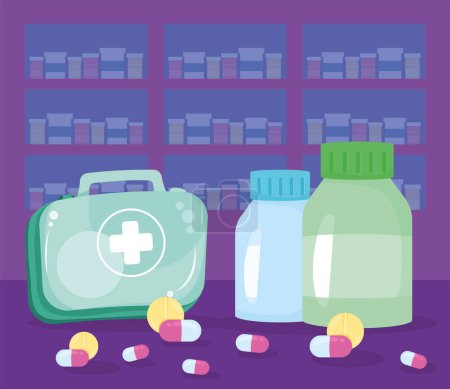 Ilustración de Kit médico con iconos de drogas - Imagen libre de derechos