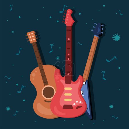 Téléchargez les illustrations : Trois guitares instruments icônes musicales - en licence libre de droit