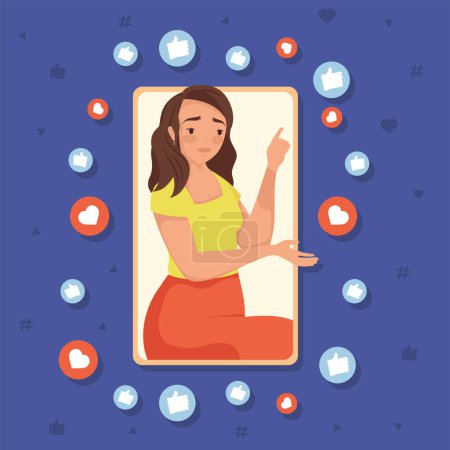 Illustration for Woman in smartphone social media icons - Royalty Free Image