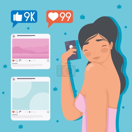 Illustration for Woman using smartphone social media icons - Royalty Free Image