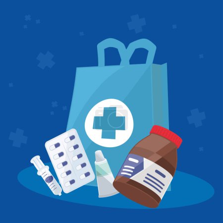 Illustration for Medicines in medical bag icons - Royalty Free Image