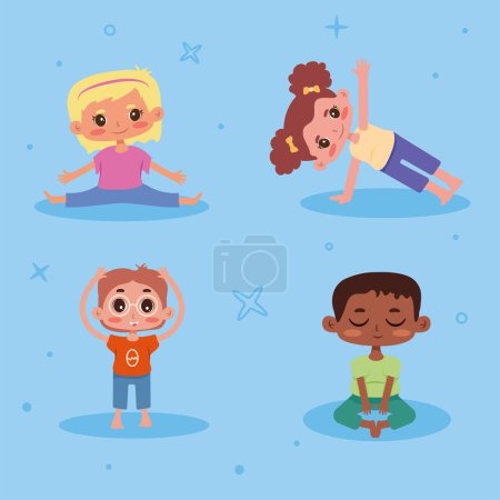 Téléchargez les illustrations : Quatre petits enfants pratiquant des personnages de yoga - en licence libre de droit