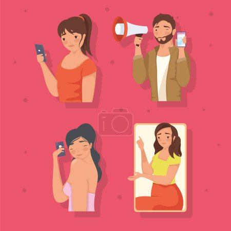 Illustration for Four persons with social media icons - Royalty Free Image