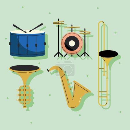 Téléchargez les illustrations : Cinq instruments icônes ensemble musical - en licence libre de droit
