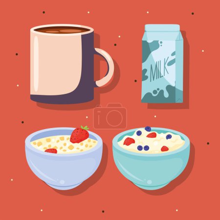 Téléchargez les illustrations : Céréales et boissons icônes petit déjeuner - en licence libre de droit