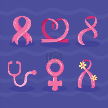 Téléchargez les illustrations : Six breast cancer awareness set icons - en licence libre de droit