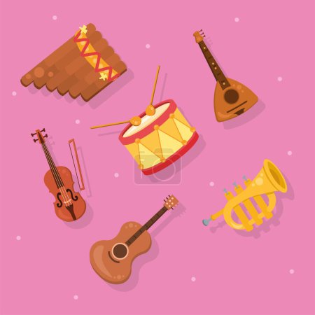 Téléchargez les illustrations : Six instruments icônes ensemble musical - en licence libre de droit