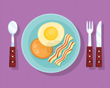 Téléchargez les illustrations : Œufs et bacon icônes petit déjeuner - en licence libre de droit