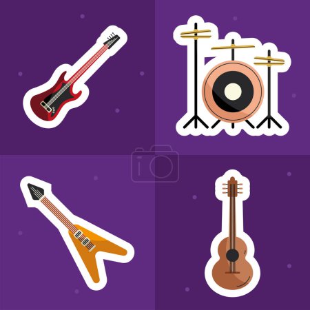 Téléchargez les illustrations : Quatre instruments icônes ensemble musical - en licence libre de droit
