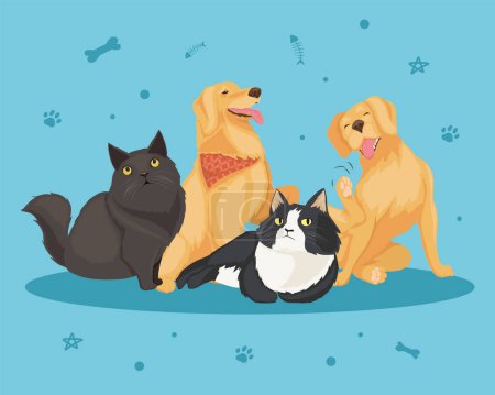 Ilustración de Goldern retrievers y gatos personajes - Imagen libre de derechos