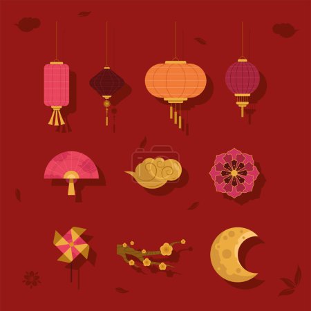 Téléchargez les illustrations : Dix nouvel an chinois ensemble icônes - en licence libre de droit