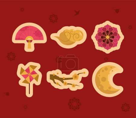 Ilustración de Seis iconos chinos conjunto de año nuevo - Imagen libre de derechos