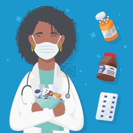 afro female doctor with medicines character
