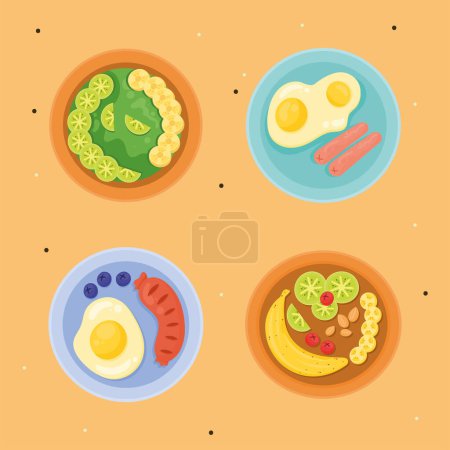 Ilustración de Cuatro diferentes platos de desayuno iconos - Imagen libre de derechos