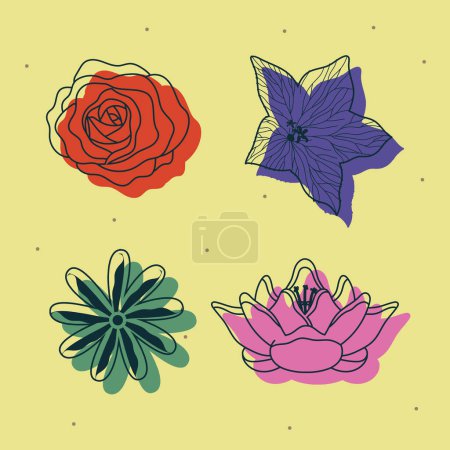 Téléchargez les illustrations : Quatre fleurs botaniques ensemble icônes - en licence libre de droit