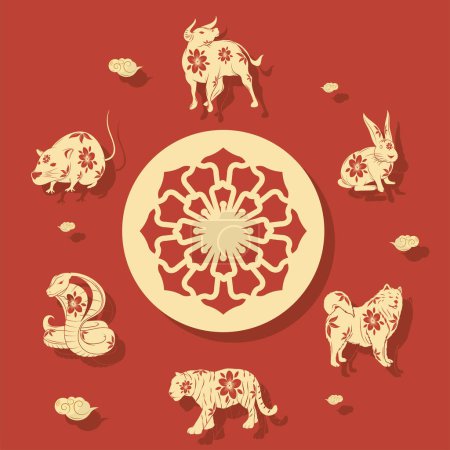 Téléchargez les illustrations : Affiche du Nouvel An chinois doré animaux - en licence libre de droit
