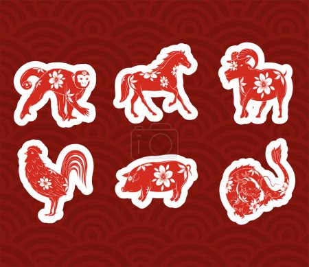Téléchargez les illustrations : Affiche de six animaux rouges du nouvel an chinois - en licence libre de droit