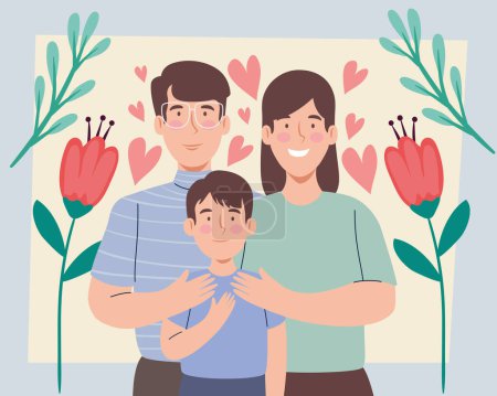 Illustration for Korean parents with son and roses characters - Royalty Free Image
