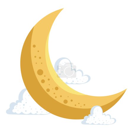 Ilustración de Luna creciente dorada con nubes - Imagen libre de derechos