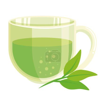 Téléchargez les illustrations : Boisson au thé vert avec feuilles - en licence libre de droit