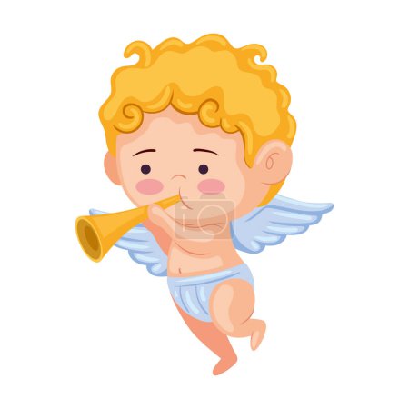 Illustration for Cupid angel playing trumpet character - Royalty Free Image