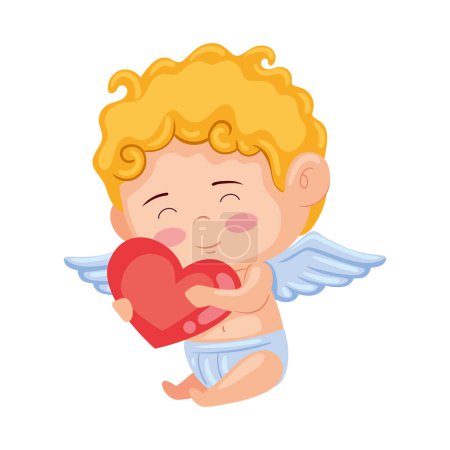 Illustration for Cupid angel hugging heart character - Royalty Free Image