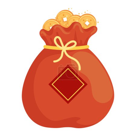 Illustration for Golden chinese coins in bag icon - Royalty Free Image