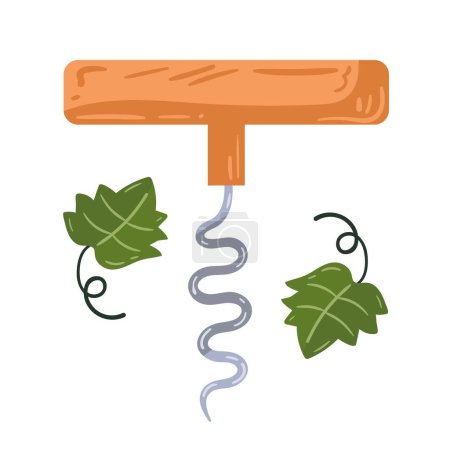 Illustration for Wine corkscrew tool and leafs - Royalty Free Image