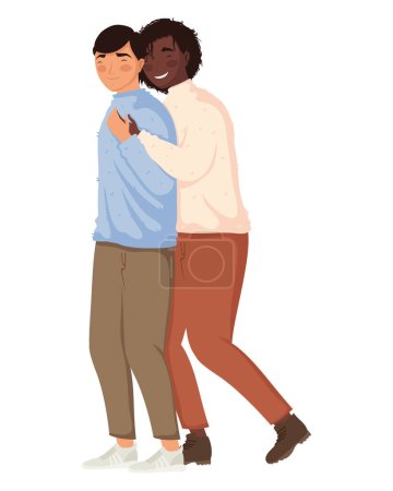 Illustration for Interracial gay couple lovers characters - Royalty Free Image