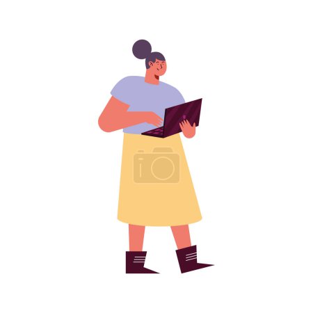 Téléchargez les illustrations : Femme debout en utilisant un personnage d'ordinateur portable - en licence libre de droit