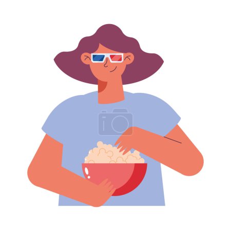 Téléchargez les illustrations : Femme utilisant des lunettes 3D manger caractère pop maïs - en licence libre de droit