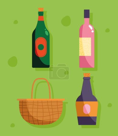 Téléchargez les illustrations : Wine bottles and basket icon - en licence libre de droit