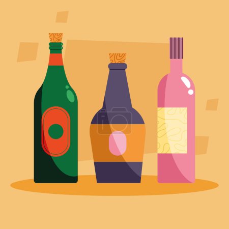 Téléchargez les illustrations : Three wine bottles set icons - en licence libre de droit