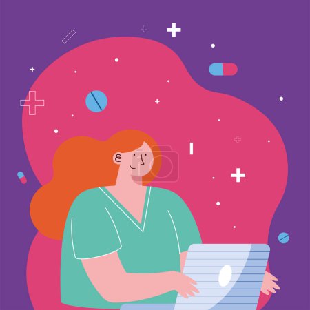 Illustration for Female doctor using laptop character - Royalty Free Image
