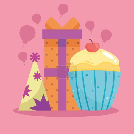 Téléchargez les illustrations : Gift with hat and cupcake icons - en licence libre de droit