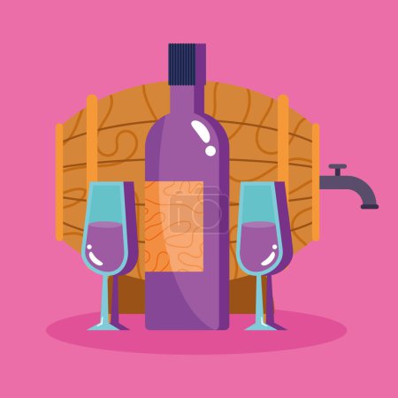 Téléchargez les illustrations : Wine bottle with barrel and cups - en licence libre de droit