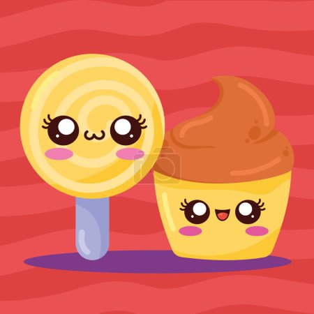 Téléchargez les illustrations : Lollipop and cupcake kawaii characters - en licence libre de droit